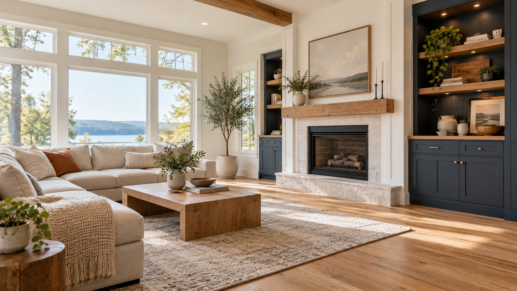 A bright living room showing warm wood flooring and carefully finished interior details